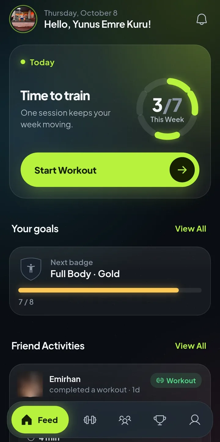 Pactra home screen: weekly goal ring, next badge and friend activity