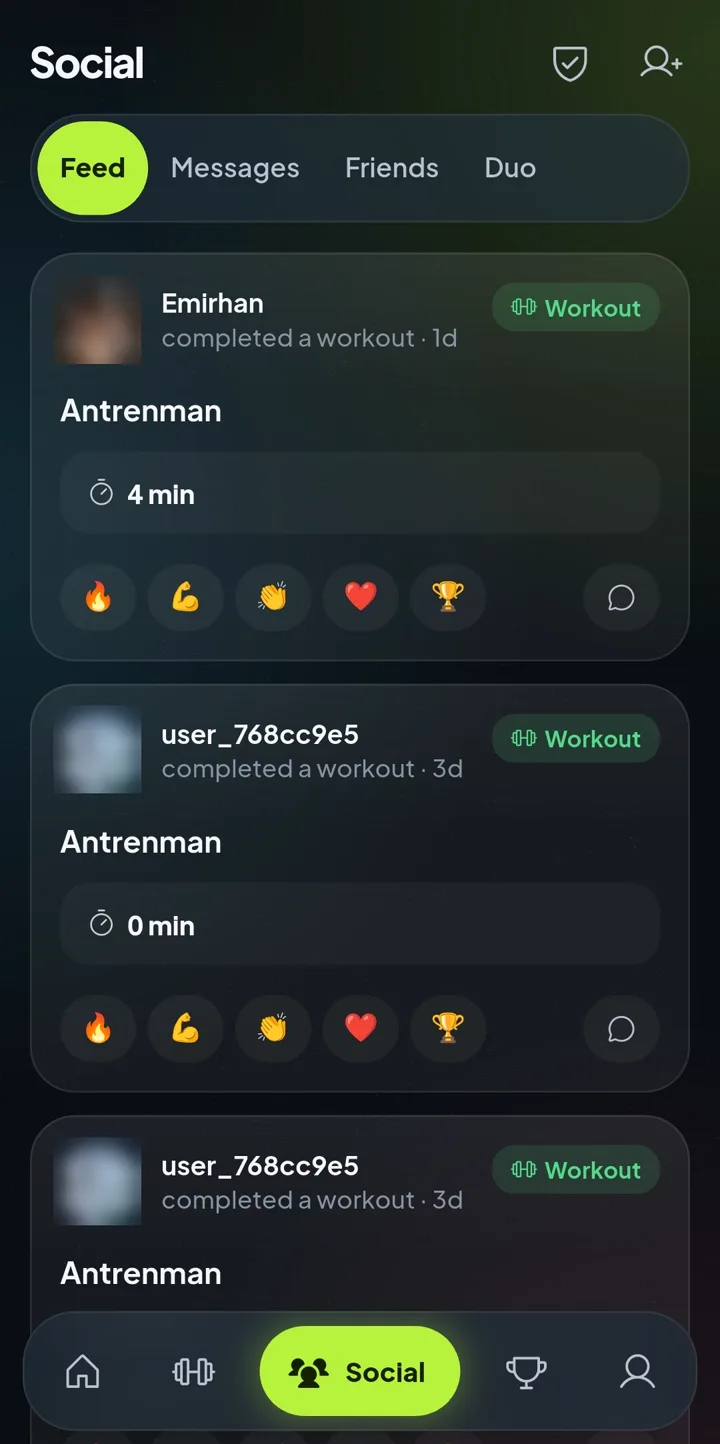 Pactra social feed: friends' finished workouts and reactions